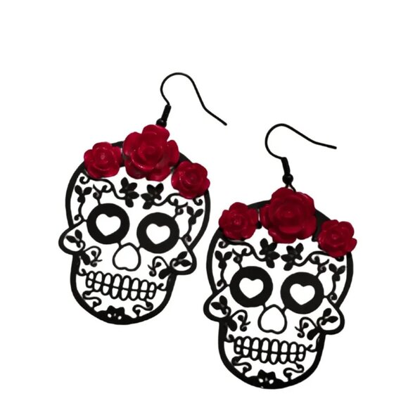 Red Roses Skull Head Drop Earrings - Picture 3 of 5